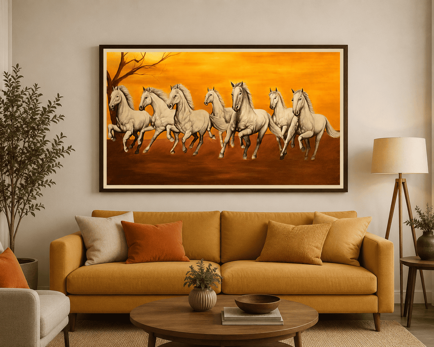 Seven Running Horses Vastu Oil Painting – Golden Sunset Wall Art for Success & Fame Original Oil Painting - 55 x 32 inches - Indian Traditional Art on Canvas by Udaipur Artist